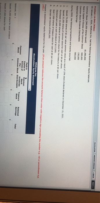 CALCULATOR PRINTER VERSDON BACK NEXT Problem 14-04A (Video)) On January 1, 2020, Wildhorse Inc. had the following stockholder