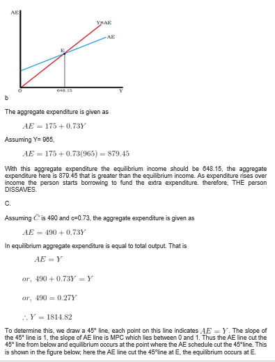 AE AE The aggregate expenditure is given as AE 175+0.73Y Assuming Y- 985, AE 175+0.73(965) 879.45 With this aggregate expendi