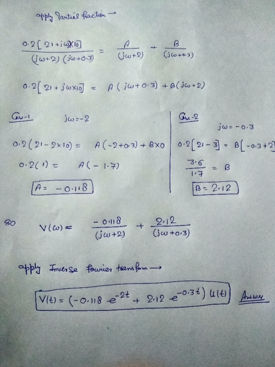 apply Partial fraction - 0.2[21+jWX16] . A + B. (16+0.3) Ww+0.3) Gw+2) 0.2[ 21 + jwxio] - A(jw+0.3) +B(36 +2) Court jw=-2 jw=