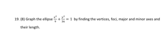 19. (8) Graph the ellipse * 1 by finding the vertices, foci, major and minor axes and 36 their length