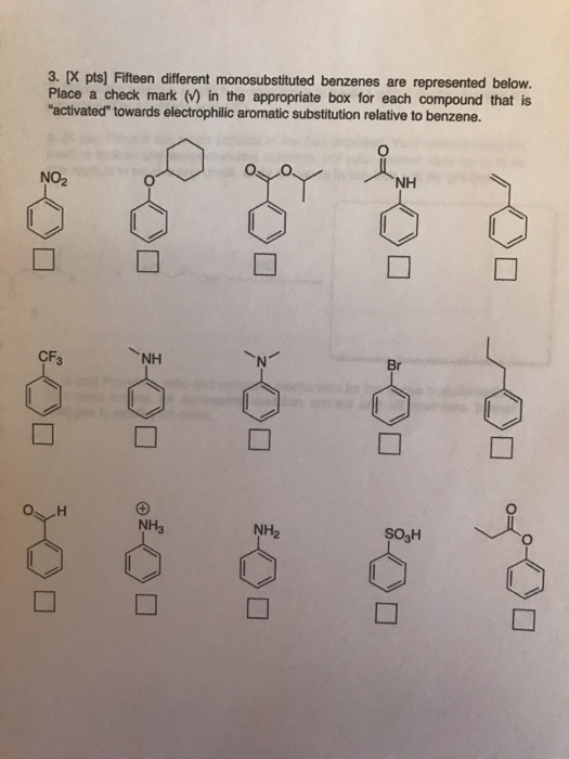 3. pts Fifteen different monosubstituted benzenes are represented below. Place a compound that is activated towards electrophilic aromatic substitution relative to benzene. NO NH CF, NH NH, NH