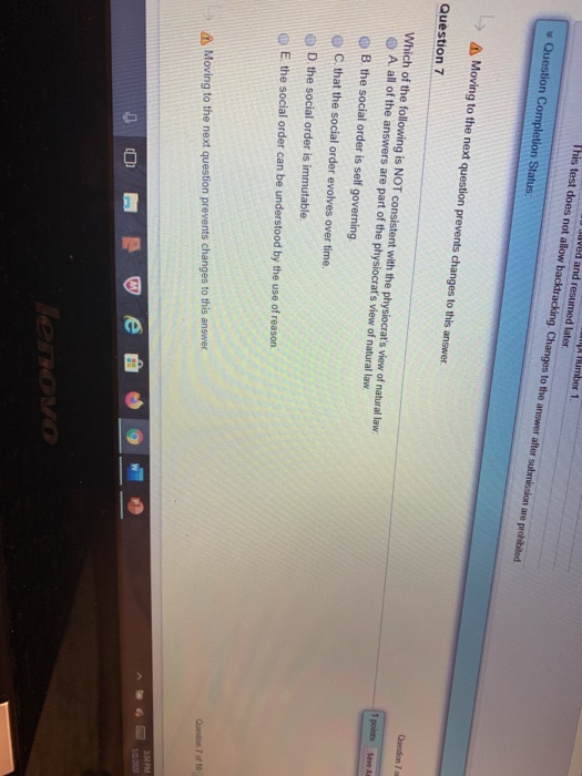 pt number 1 saved and resumed later This test does not allow backtracking Changes to the answer after submission are prohibit