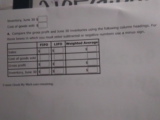 Inventory, June 30 $ Cost of goods sold $ 4. Compare the gross profit and June 30 inventories using the following column head