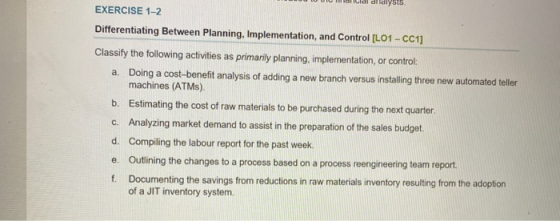 dildiysts EXERCISE 1-2 Differentiating Between Planning, Implementation, and Control (L01 - CC1] Classify the following activ