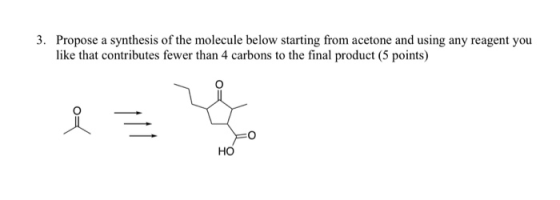 3. Propose a synthesis of the molecule below starting from acetone and using any reagent you like that contributes fewer than