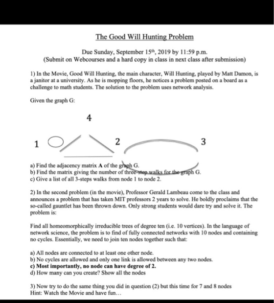 The Good Will Hunting Problem Due Sunday, September 15th, 2019 by 11:59 p.m (Submit on Webcourses and a hard copy in class in
