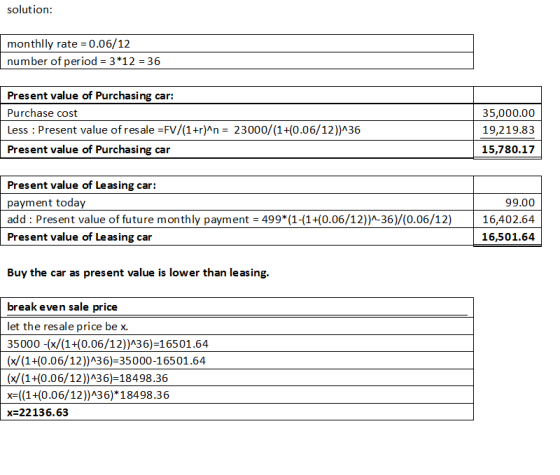 solution: monthlly rate = 0.06/12 number of period = 3*12 = 36 Present value of Purchasing car: Purchase cost Less : Present