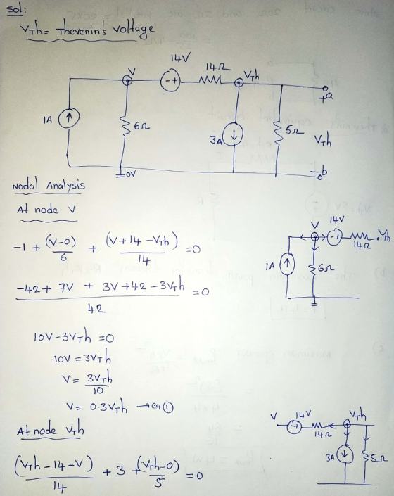 Sol Th- Thevenin s Voltage 14V 42 IA 6へ 34 Nodal Analysis Al node V-O V+14-Vrh ナ EO 40 几 IA( 4-2 1o ㄒ At node V 14几 3-0 lt