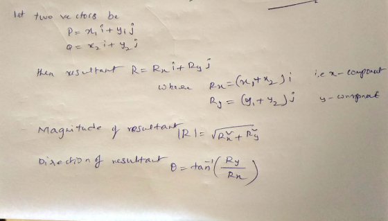 let two vectors be Penity, h ) i then resultant R=Rait Rys Wheree Ru= (nat - Ry= , +% ex-componut y-conspnet Magnitude of r