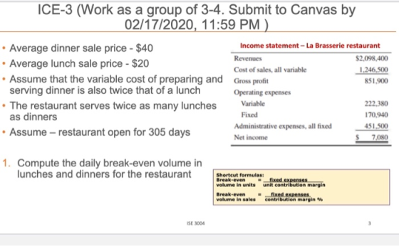 ICE-3 (Work as a group of 3-4. Submit to Canvas by 02/17/2020, 11:59 PM) Income statement -La Brasserie restaurant $2,098,400