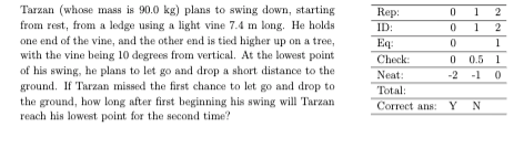 Tarzan (whose mass is 90.0 kg) plans to swing down, starting from rest, from a lodge using a light vine 7.4 m long. He holds
