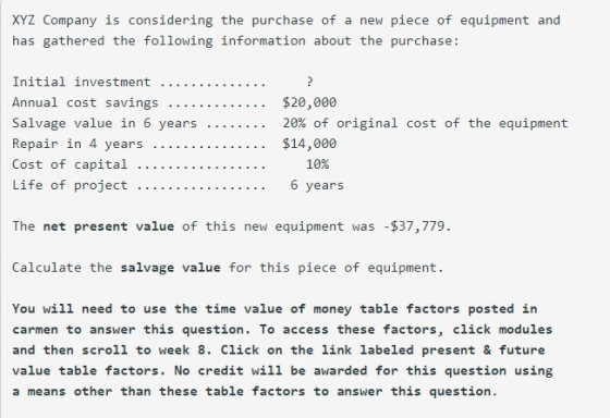 XYZ Company is considering the purchase of a new piece of equipment and has gathered the following information about the purc