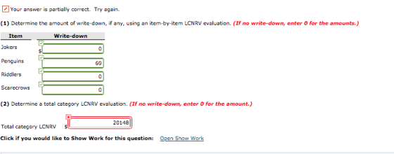 Your answer is partially correct. Try again. (1) Determine the amount of write-down, if any, using an item-by-item LCNRV eval