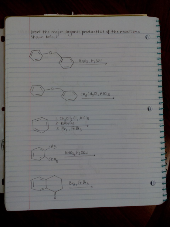 Draw the majoY organic product(s) of the reach ons Shown below HNO3, H,SO4 CH2CH2CI, AICI3 CH CH2CI,AICle 2: KMnOy 3 Brz, Fe