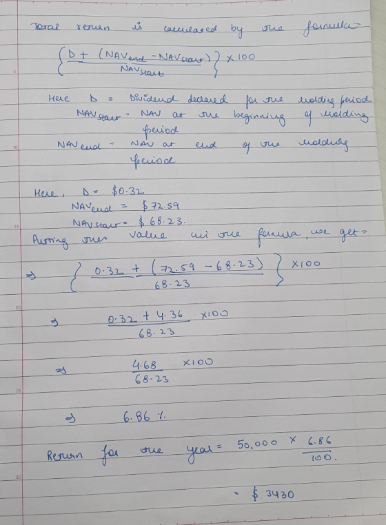 the formula Total reruen se calculated by (Dt (NAV and NAVstay) x 100 NAV Start Hele D = Divideud declared for the - NAV Star