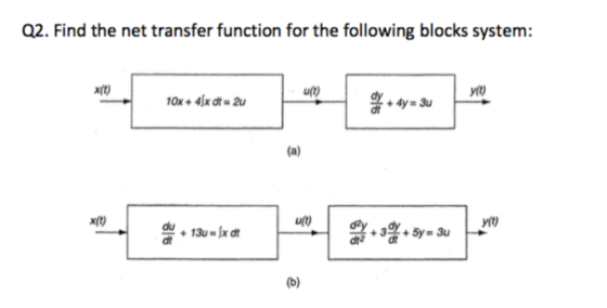 Q2. Find the net transfer function for the following blocks system: ult) y(t) x(t) u(t) yit) x(t) dt2 d dt