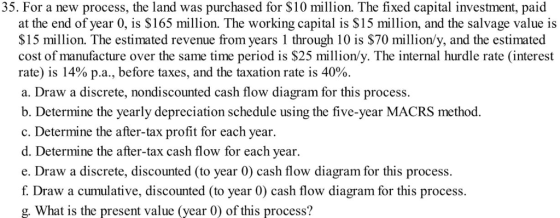 35. For a new process, the land was purchased for S10 million. The fixed capital investment, paid at the end of year 0, is $165 million. The working capital is S15 million, and the salvage value is $15 million. The estimated revenue from years 1 through 10 is $70 million/y, and the estimated cost of manufacture over the same time period is $25 million/y. The internal hurdle rate (interest rate) is 14% p.a., before taxes, and the taxation rate is 40%. a. Draw a discrete, nondiscounted cash flow diagram for this process. b. Determine the yearly depreciation schedule using the five-year MACRS method. c. Determine the after-tax profit for each year d. Determine the after-tax cash flow for each year e. Draw a discrete, discounted (to year 0) cash flow diagram for this process f Draw a cumulative, discounted (to year 0) cash flow diagram for this process. g. What is the present value (year 0) of this process?