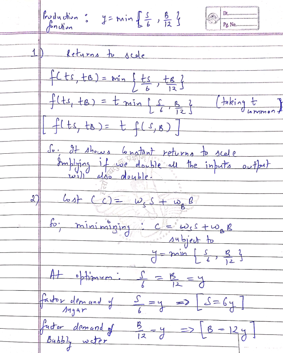 will de la Di...... Production : function y = min { S T 2 B 12 Pg. No. 1 Returns to sede ts to 13 tBy 2 al (taking t common f
