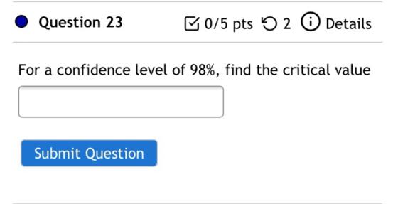 Question 23 50/5 pts 5 2 0 Details For a confidence level of 98%, find the critical value Submit Question