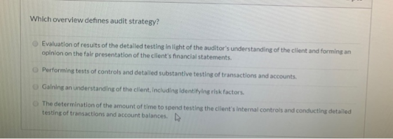 Which overview defines audit strategy? Evaluation of results of the detailed testing in light of the auditors understanding