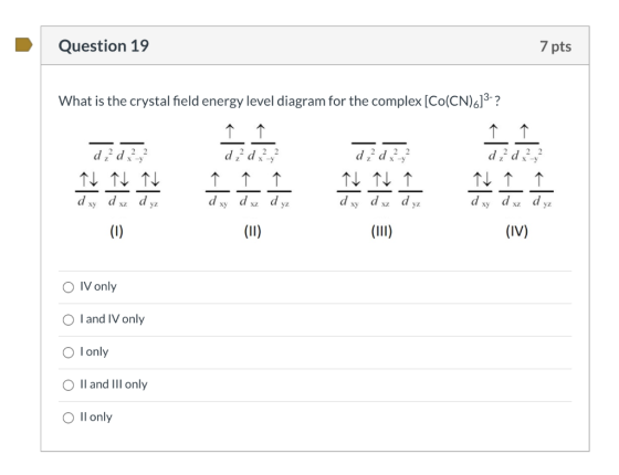Question 19 7 pts What is the crystal field energy level diagram for the complex [Co(CN)613-? 个个 个个 d ² d ² ? dd 2-3 d² d ² ?