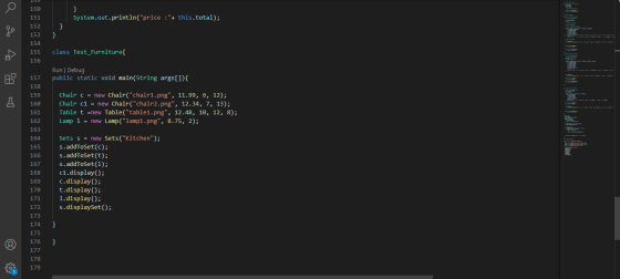 } System.out.println(price :+ this.total); } go 150 151 152 153 154 155 156 } class Test_Furniture{ B. Run | Debug public s