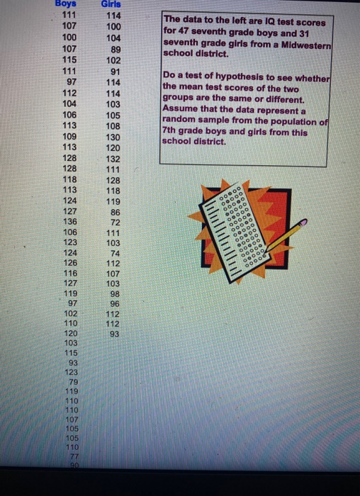 Boys 111 107 100 The data to the left are IQ test scores for 47 seventh grade boys and 31 seventh grade girls from a Midweste