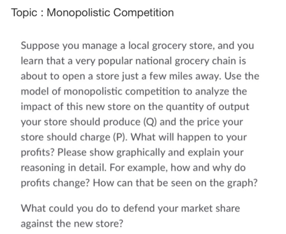 Topic : Monopolistic Competition Suppose you manage a local grocery store, and you learn that a very popular national grocery