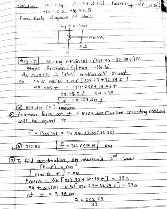 m - 33kg tanco) 0-36-41 Solution P. 54 (N) alls - 0:6. lk 50 5 free Body diagram of black mg psinio PCOSTO) >f N Efy=0 N = mg