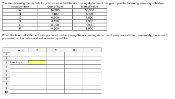 You are reviewing the records for you business and the accounting department has given you the following inventory schedule.