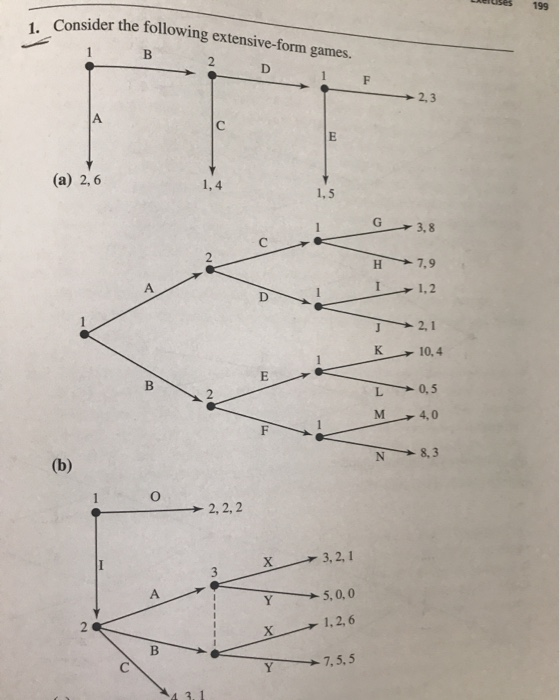LUSE Consider the following extensive-form games. (a) 2,6 G 3.8 7,9 →1.2 21 10.4 0,5 40 N 8,3 (b) ► 2, 2,2 3,2,1 5,0,0 - 1, 2