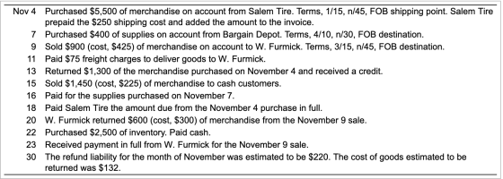 Nov 4 Purchased $5,500 of merchandise on account from Salem Tire. Terms, 1/15, n/45, FOB shipping point. Salem Tire prepaid t