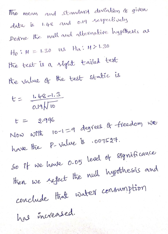 the mean and ctandar거 deNaAscm 8 giou Deine lte null and lbive hheste as the test u a t tailad test Ke Value 아 ke test stakic o.D ntD t2.996 Now hont 10-1-7 degYees 아-freedom We hen e fectnll hypothesis and conclude 4闪ater contumption has mereased