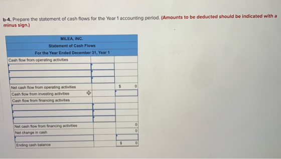 b-4. Prepare the statement of cash flows for the Year 1 accounting period. (Amounts to be deducted should be indicated with a
