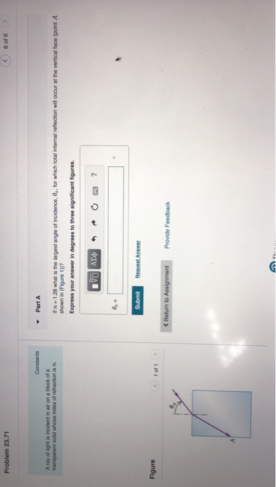Problem 23.71 6 of 6 A ray of light is incident in air on a block of a transparent solid whose index of refraction is n. show