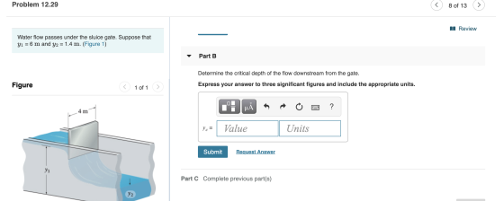Problem 12.29 < 8 of 13 Review Water flow passes under the sluice gate. Suppose that Y1 = 6 m and y2 = 1.4 m. (Figure 1) Part
