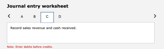 Journal entry worksheet « А в со Record sales revenue and cash received. Note: Enter debits before credits.