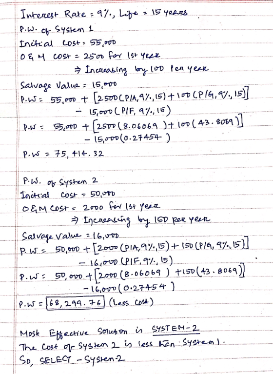 -- - Interest Rate = 9%, Life = 15 years P.W. of System 1 Initial Cost: 55,000 o&M cost = 2500 for 1st year Increasing by 100