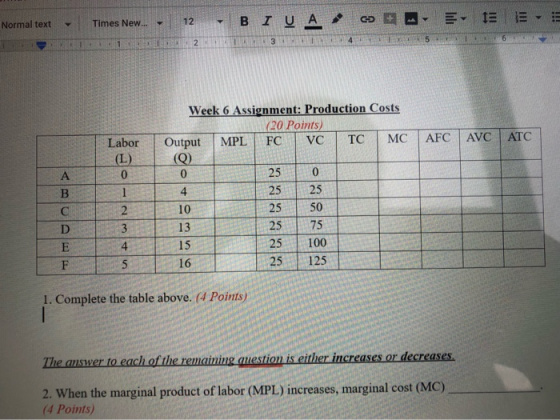 lormal text - Times New... - 12 B I VA G E A E 1 E- Labor Week 6 Assignment: Production Costs 20 Points) Output MPL FC VC TC