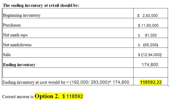 The ending inventory at retail should be Beginning inventory 2,83,000 Purchases $11,60,000 Net mark-ups 81,000 $ Net markdown