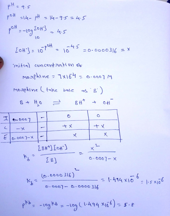 pH=9.5 polt =14- pH = 14-9.5=4.5 pott - - Log 80 H3 = 45 [OH-] = 10 pot = 1045 =0.0000316 = x initial concentration of morphi