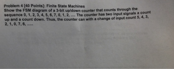 Problem 4 [40 Points]: Finite State Machines Show the FSM diagram of a 3-bit up/down counter that counts through the sequence 0, 1, 2, 3, 4, 5, 6, 7, 0, 1,2, The counter has two input signals a co up and a count down. Thus, the counter can with a change of input count 5, 4, 3,