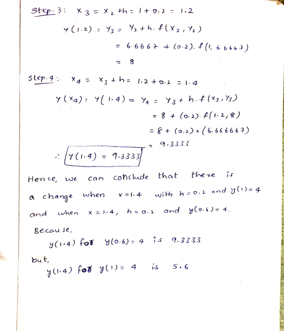Step 3: X 3 = x 2 th=1+0.2 = 1.2 y (1.2) Y3 Yth. f (x2, Y, ) = 6.6667 + (0.2). f (, 6.6667) Step 4: X4 - = 4+ Ex 1.2 +0.2 =