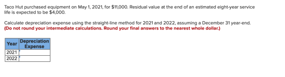 Taco Hut purchased equipment on May 1, 2021, for $11,000. Residual value at the end of an estimated eight-year service life i