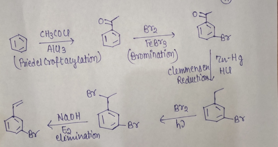 OI CH₃COU ALU 3 3 B72 Fe Borg (Friedel Croft auylation) (Bromination ru-Hg HU Clemmensen Reduction Br. € Bra. ho -B8 5 NOOH E