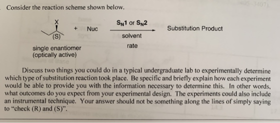 Consider the reaction scheme shown below. Sn1 or SN2 + Nuc Substitution Product (S) solvent rate single enantiomer (optically