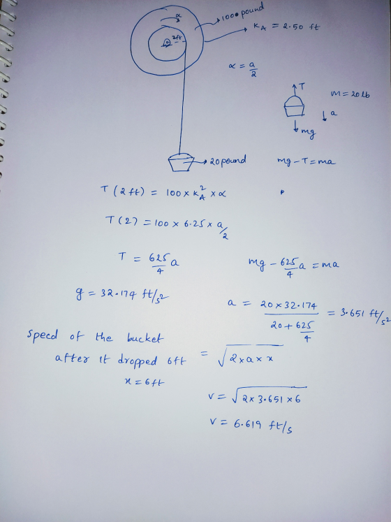 •pound 100. KA = 2.50 ft aft 2 m= 20 lb la to ng 20 pound ng-T=ma T (2 ft) = 1000kAxa P T (27=100 x 6-25 x a 2 a T - 625 a mg