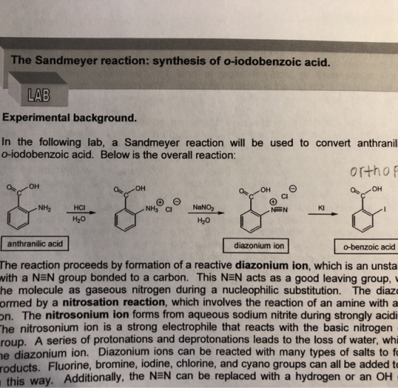 The Sandmeyer reaction: synthesis of o-iodobenzoic acid. LAB Experimental background. In the following lab, a Sandmeyer react