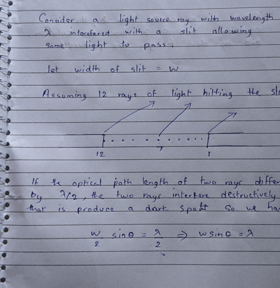 Consider a r a interefered Some light light source vay with wavelength with a slit allowing to passt let width of slit - w As