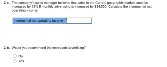 2-a. The companys sales manager believes that sales in the Central geographic market could be increased by 15% if monthly ad